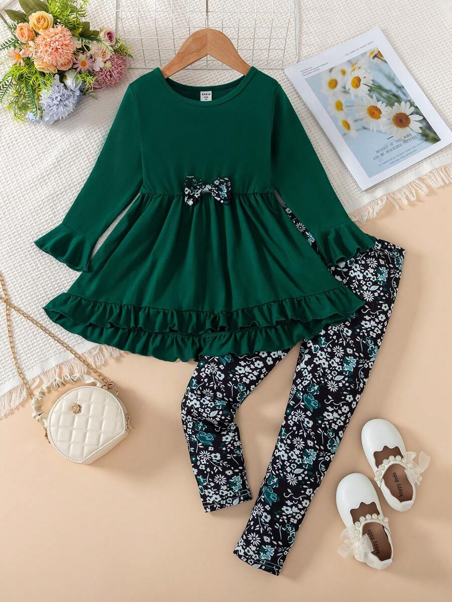 SHEIN Elladie kids Bộ 2 áo thun dài tay cổ tròn và quần dài họa tiết nơ thường ngày cho bé gái mùa xuân/thu - màu xanh lá - Xem 1