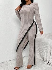 SHEIN Frenchy Bộ 2 món dệt kim thanh lịch viền bất đối xứng cỡ lớn dành cho nữ - Nhiều màu - Xem 6