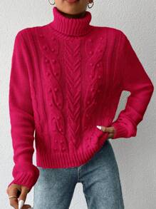 EURMUSE Women's Solid Color High Neck Long Sleeve Simple Sweater, Casual Daily Wear - Hot Pink - View 5