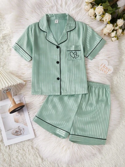 Tween 女童睡衣套装 - 简约条纹针织短袖开衫和短裤休闲睡衣