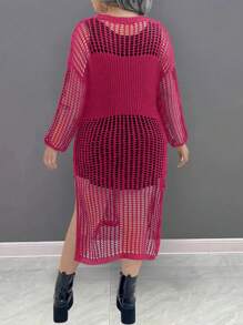 SHEIN LUNE Plus Size Women's Solid Color Simple Casual Hollow Round Neck Sweater Dress Fall Cloth For Women - Hot Pink - View 2