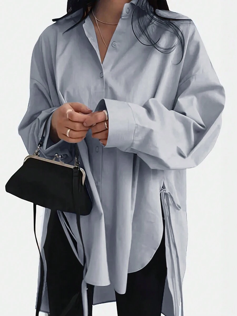 INAWLY Plus Size Casual Solid Color Dropped Shoulder Split Hem Shirt For Spring And Autumn Fall Cloth For Women - Light Grey - View 1