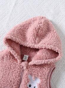 SHEIN Conjunto de 2 piezas de niña bebé con chaleco con capucha de forro polar estampado de dibujos animados, parte superior y pantalones para otoño/invierno - Rosa - Ver 3