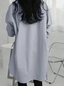 INAWLY 女士纯色不对称下摆休闲长袖衬衫 - 淺灰色 - 查看 2
