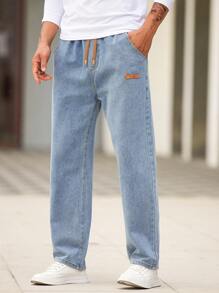 Men's Slant Pocket Drawstring Elastic Waist Washed Denim Jeans - Light Wash - View 1