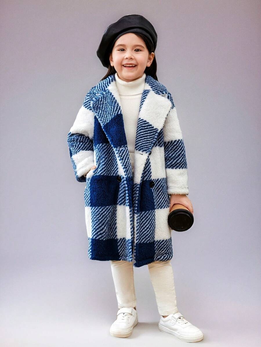 SHEIN 女小童大方格圖案絨毛外套 - 藍白色 - 查看 1