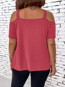 SHEIN LUNE Plus Size Women's Casual Solid Color Open Shoulder Short Sleeve Blouse