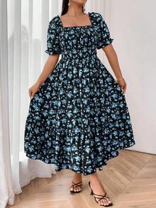 SHEIN SunnyBelle 大码方领短袖花卉印花度假连衣裙 - 黑色 - 查看 3