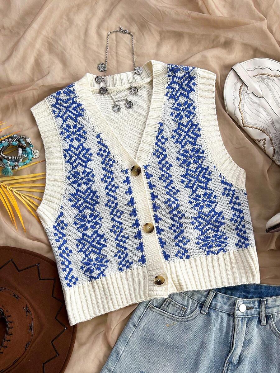 Soleia 休闲V领撞色复古花纹针织背心 - 藍白色 - 查看 1