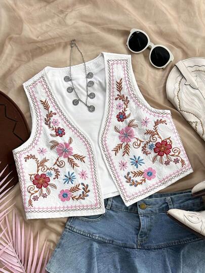 Soleia Chaqueta casual de mujer con abertura frontal y bordado floral para vacaciones