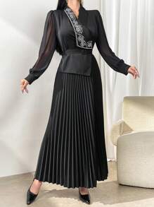 Modelyn Women's Flower Embroidery Mesh Contrast Long Sleeve Loose Long Dress - Black - View 6