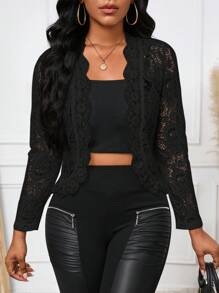 SHEIN Lady Women's Elegant Casual Commuting Lace Ruffle Trim Jacket For Autumn