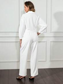 SHEIN Clasi Women's Fashion White Lapel Double-Breasted Blazer And Pants Casual Commute Suit - White - View 2