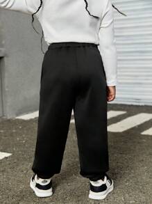 SHEIN Young Girl Solid Color Letter Print Relaxed Fit Drawstring Sweatpants - Black - View 2