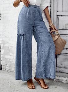 SHEIN LUNE Women Solid Color Simple Daily Jeans - Blue - View 3