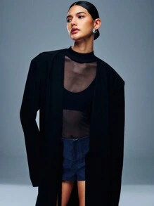 TypaGal Solid Black Long Placket Lace Up Front Trench Coat