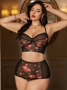 大碼印花網紗內衣套裝