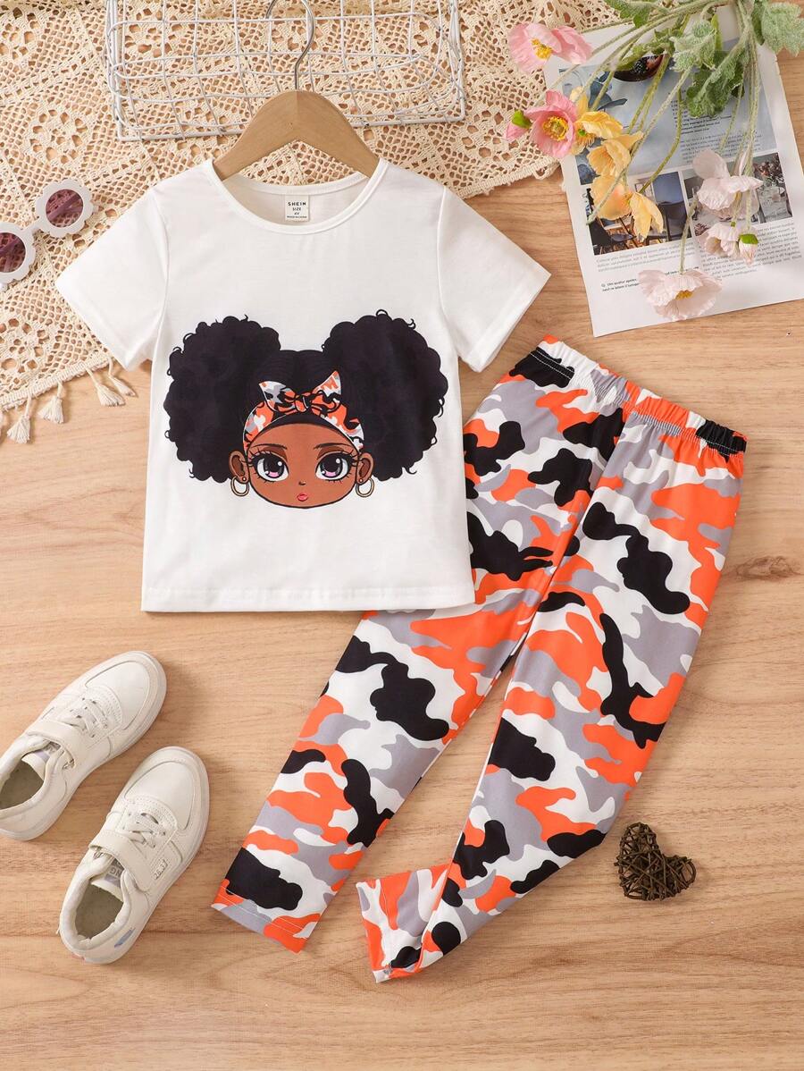 SHEIN 2pcs Young Girl Casual Outfit - Crew Neck Short Sleeve Character Print Top And Camouflage Pants - Orange - View 1