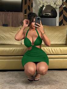 SHEIN SXY 女士露背性感连衣裙镂空连衣裙 - 墨綠色 - 查看 3