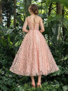 Faeriesty 舞会礼服花卉贴花单肩后系带返校派对礼服非常适合返校、聚会、舞会和鸡尾酒会 - 粉色 - 查看 3