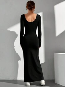 SHEIN EZwear Women's Solid Color Long Sleeve Square Collar Split Hem Casual Dress - Black - View 2