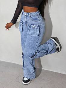 Slaydiva Solid Color Pocket Sexy Straight Leg Jeans - Light Wash - View 5