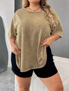 SHEIN CURVE+ Plus Kích Thước Axit Rửa Sạch Nhìn Vintage Dệt Kim Đau Khổ Dáng Rộng Áo Thun Nữ Tay Ngắn Athleisure - màu nâu - Xem 3