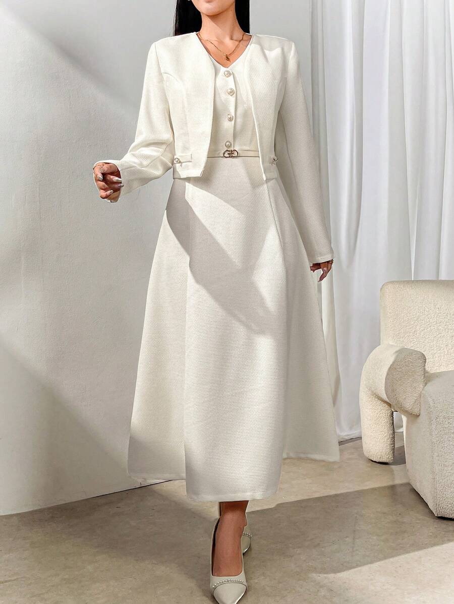Modelyn 優雅米白色女款兩件套,鈕扣前襟夾克與洋裝,純色秋季辦公穿搭,適合商務、工作、雞尾酒會、婚禮、日常 - 杏色 - 查看 1
