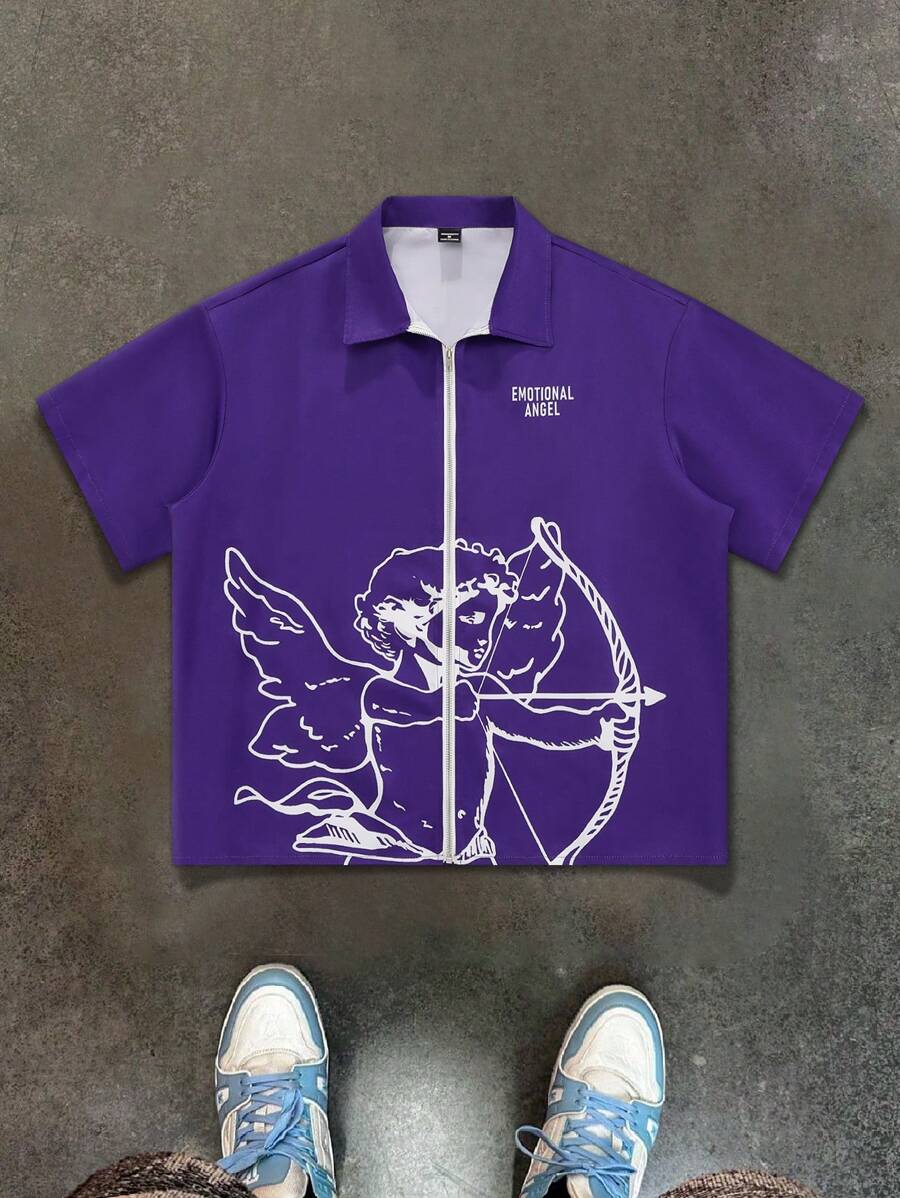 Manfinity EMRG Men's Casual Front Zipper Short Sleeve Graphic Print Shirt, Daily Wear - Purple - View 1