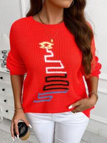 Calvaya Plus Size Crew-Neck Long Sleeve Minimalist 3D Christmas Tree Knit Sweater Knit Pullover Fall Winter - Red - View 5