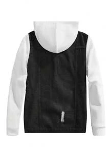 Lornexis Men's Casual Color Block Denim Patchwork Hooded Jacket, For Vacation - Black and White - View 2