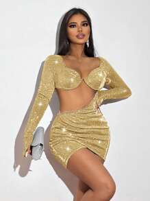 SHEIN SXY Đầm ôm sát gợi cảm cổ tim dài tay khoét sâu cho nữ, mùa xuân và mùa hè - Vàng - Xem 3