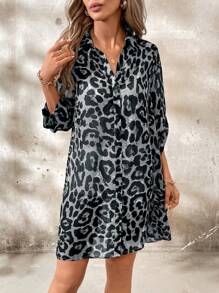 SHEIN Clasi Women's Elegant Leopard Print Adjustable Long Sleeve Open Front Long Shirt - Grey - View 7