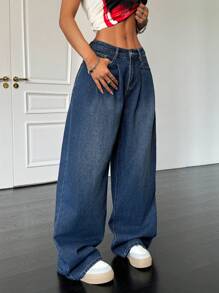SHEIN ICON Women's Relaxed Fit Pleated Wide Leg Jeans, Blue, Y2k Clothes Women - Dark Wash - View 4