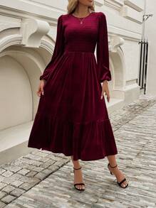 Calvaya Vestido de línea A con mangas abullonadas y definición de cintura en color rojo vino para mujer, ropa de Año Nuevo, vestido largo para conjunto de mujer