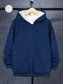 SHEIN 1pc Teen Boy Casual Versatile Comfortable Warm Winter Hooded Design Thermal Lined Solid Color Simple Knit Jacket, Suitable For Winter Outdoor Activities, School, Skiing