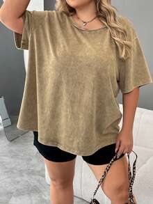 SHEIN CURVE+ Plus Kích Thước Axit Rửa Sạch Nhìn Vintage Dệt Kim Đau Khổ Dáng Rộng Áo Thun Nữ Tay Ngắn Athleisure - màu nâu - Xem 6