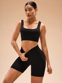 Easithlete Women's Solid Ribbed Cropped Slim Fit Scoop Neck Tank Top And Bike Shorts 2-Piece Set - Black - View 1