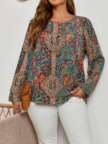 EMERY ROSE Blusa elegante de manga larga con cuello redondo, abotonada y con estampado completo, de moda, elegante para el otoño, talla grande - Multicolor - Ver 6