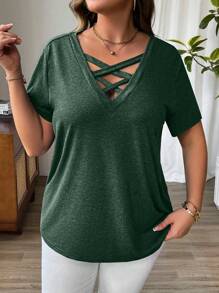 EMERY ROSE Plus Size Women Criss-Cross Neck Short Sleeve T-Shirt, Summer - Green - View 5