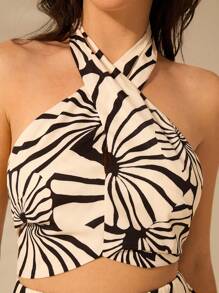 CAJUNI Women's Boho Print, Shell Print, Cross Neckline Halter Tank Top, Summer Casual Beach Holiday Short Tank Top