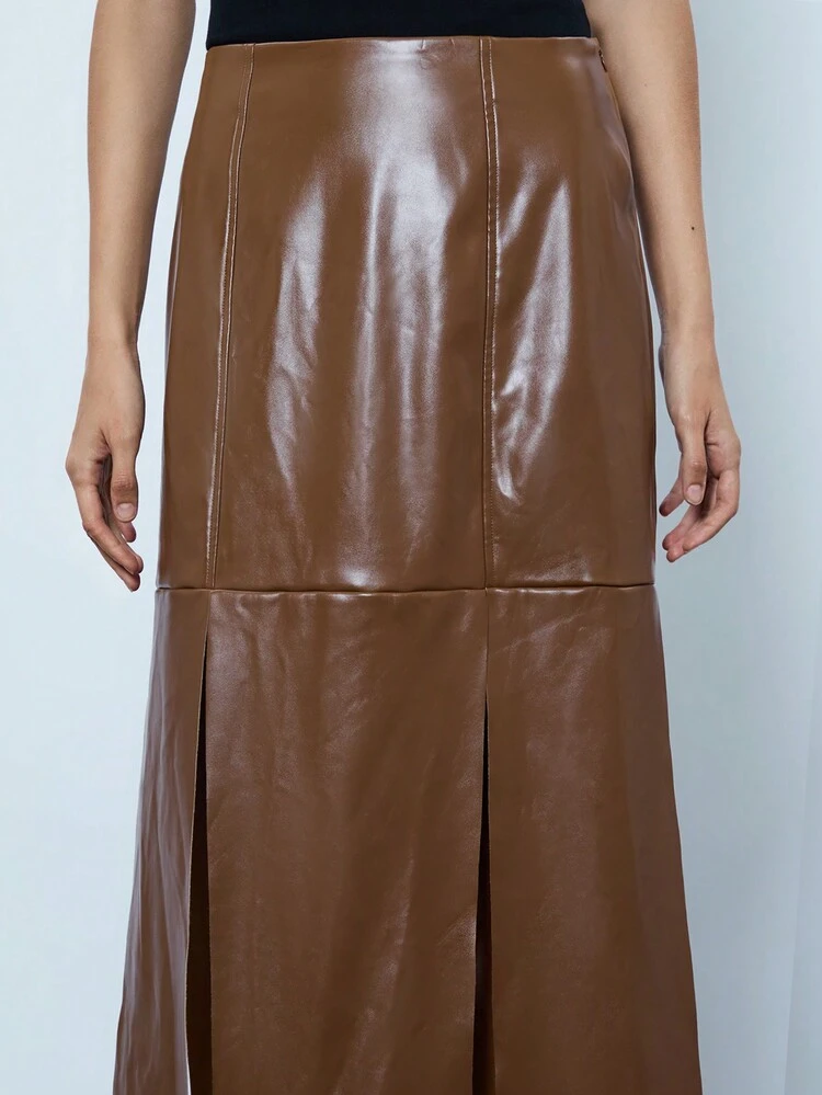 SHEIN Maija Women's Solid Color PU Leather High Slit Elegant Skirt Fall Women Clothes