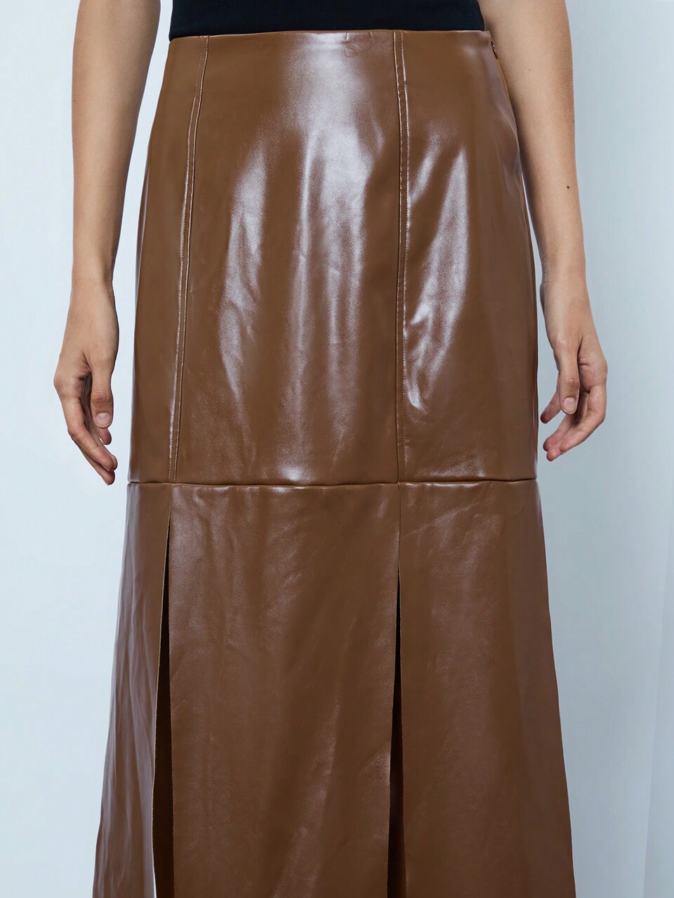 SHEIN Maija Women's Solid Color PU Leather High Slit Elegant Skirt Fall Women Clothes
