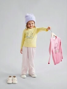 2 peças/Conjunto de Camisetas de Manga Longa de Malha com Estampa Fofa de Pato e Gato para Meninas Pequenas