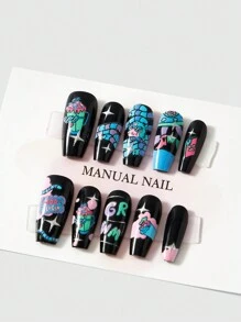 Andonella 10 piezas/set de Puntas de uñas postizas con estrellas negras y plateadas pintadas a mano por artistas, con estilo europeo y americano INS, viene con pegamento de gelatina para fiestas y el Día de San Valentín