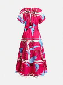 SHEIN LUNE Váy in hoa cổ tròn tay ngắn, thường ngày và ngày lễ - Màu đỏ tím - Xem 2