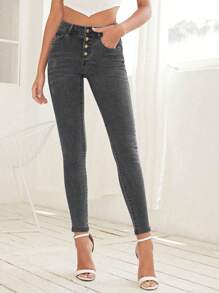 EMERY ROSE Button-front Skinny Denim Jeans - Light Grey - View 3