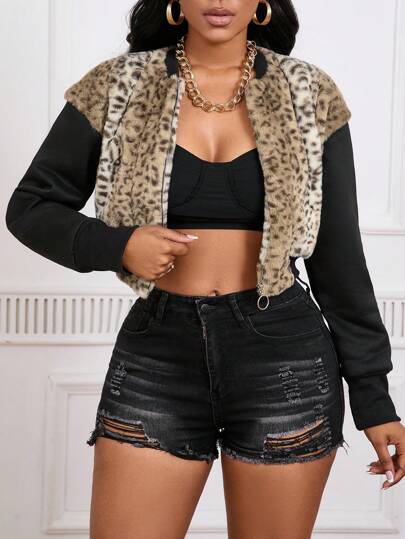 Zolique Chaqueta tipo cardigan con estampado de leopardo, parches y bordados, uso casual diario