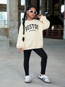 SHEIN Ensemble de 2 pièces pour fille préadolescente : sweat-shirt imprimé de lettres et pantalon, ensemble de sport décontracté - Nude - Voir 6