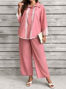 2pcs Plus Size Women Contrast Color Print Long Sleeve Top And Solid Color Pants Set